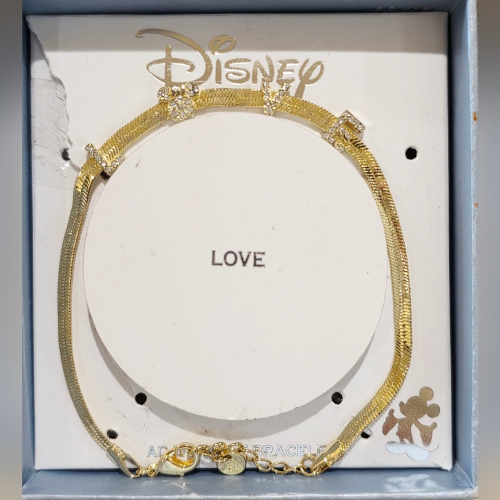NIB Disney Classics Minnie Mouse CZ "LOVE" Herringbone Gold Chain Bracelet